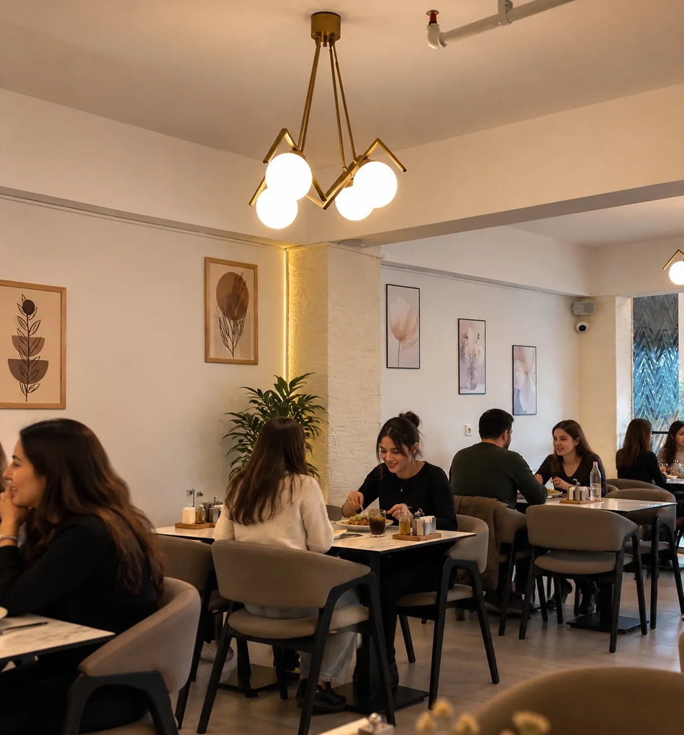 Alt kat salonu; aydınlık, masalarda misafirler