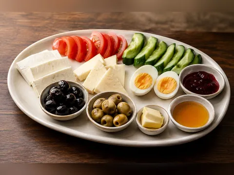 Kahvaltı tabağı: peynir, zeytin, yumurta, domates, salatalık, bal ve reçel
